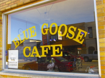 Sign on the window of the Blue Goose Cafe in Fennville, Michigan