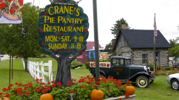 Sign in front of Crane's Pie Pantry Restaurant and Winery in Fennville, Michigan